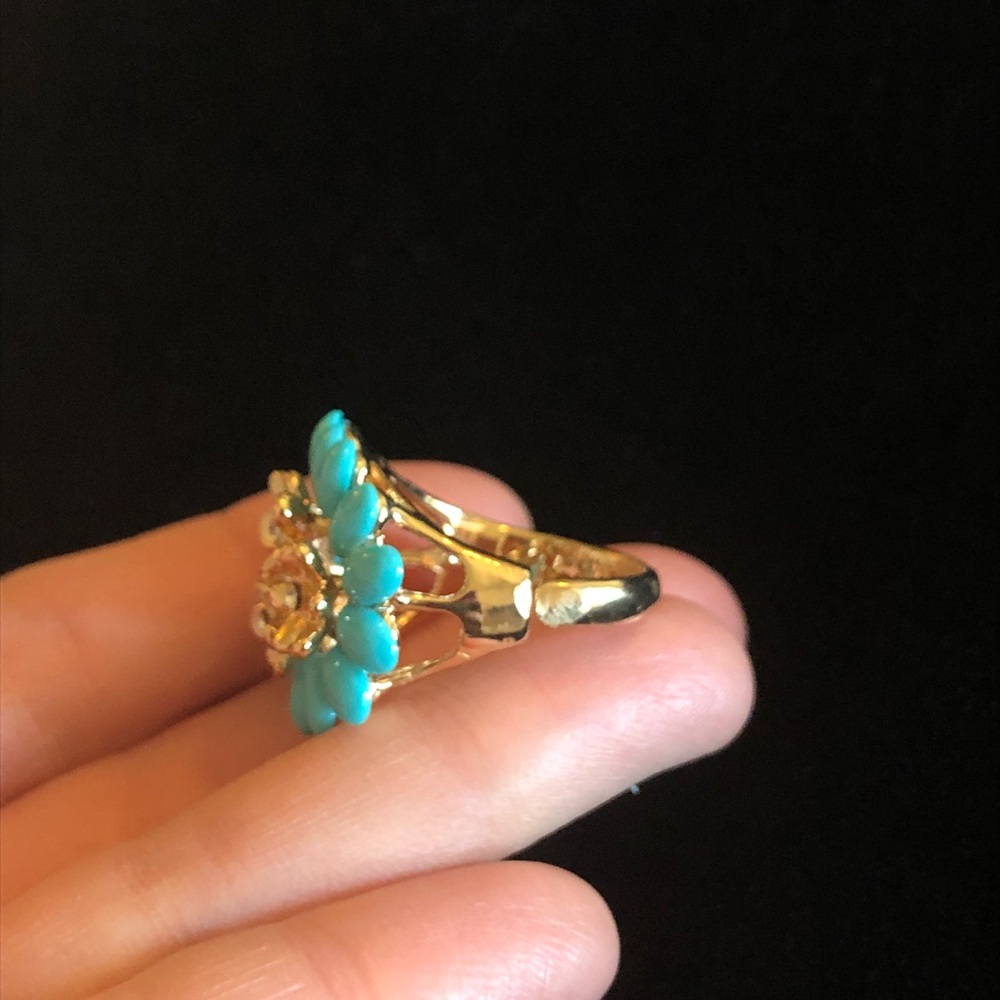 Floral Turquoise Like Blue Color and Gold Tone Women's Ring - Picture 7 of 11